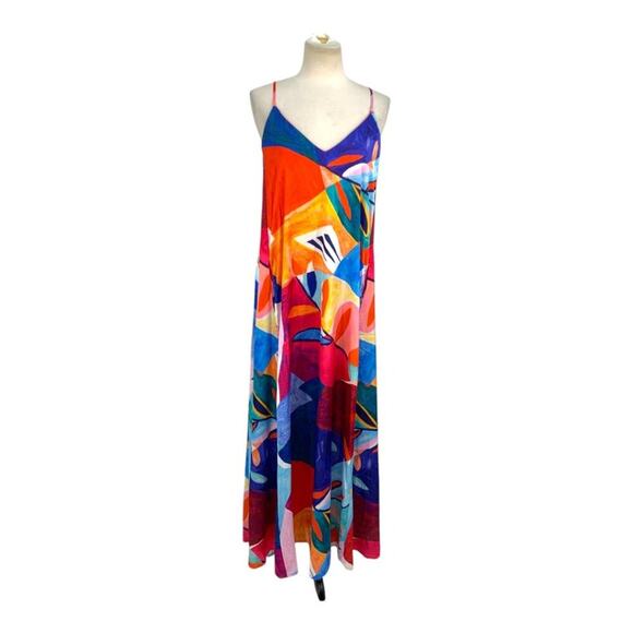 Nicole Miller V Neck Printed Satin Maxi Dress Size Medium - Picture 1 of 8